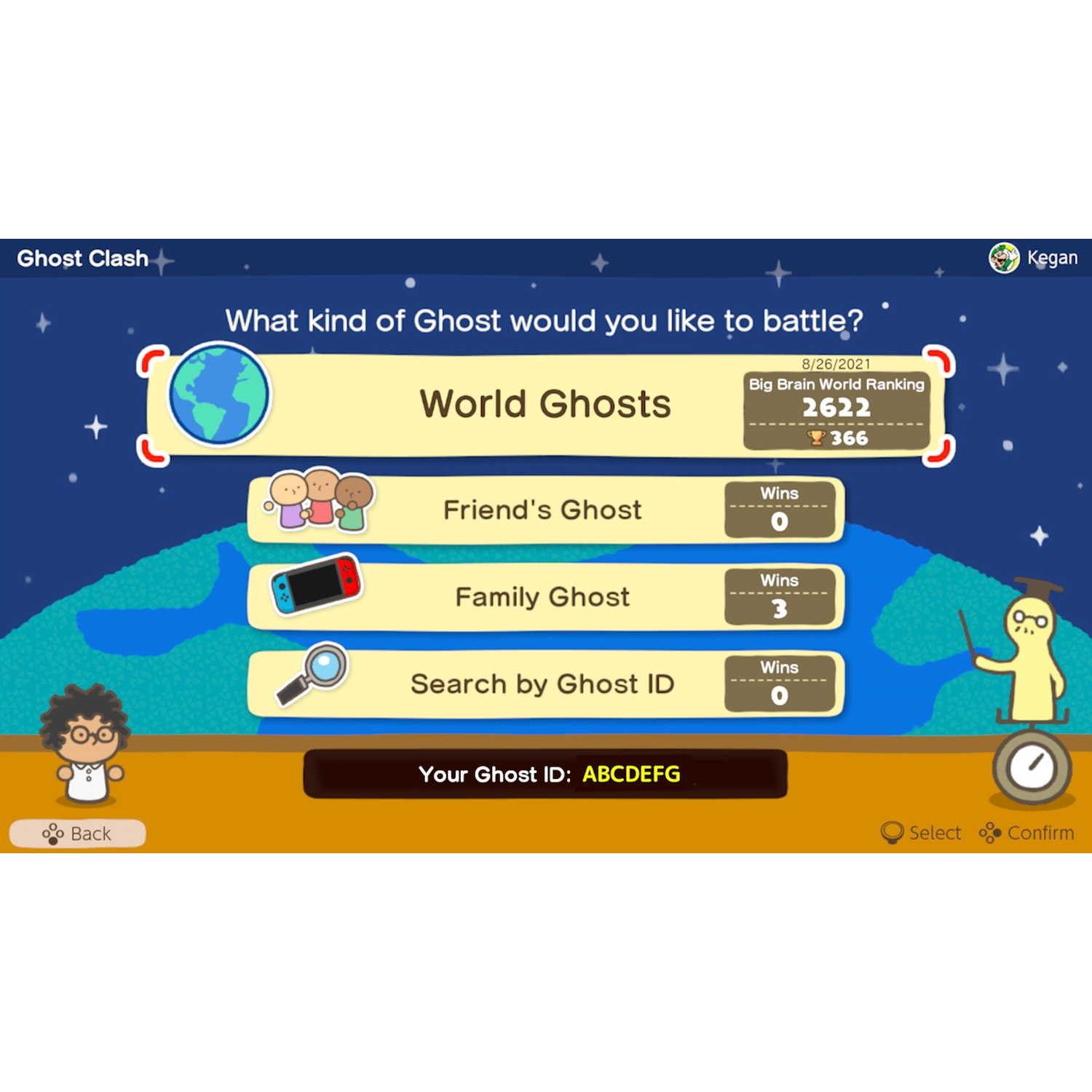 Game screen with options for ghost battles: World Ghosts, Friend, Family, ID Search.