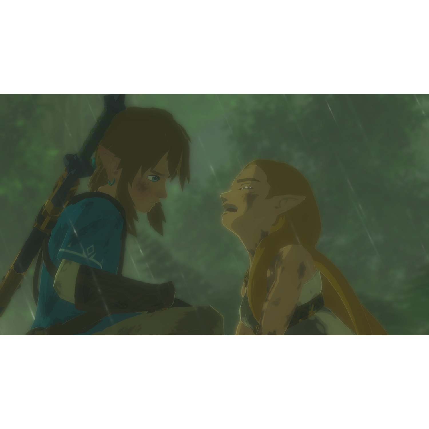 Link and Zelda sit in the rain, faces dirty with serious expressions.
