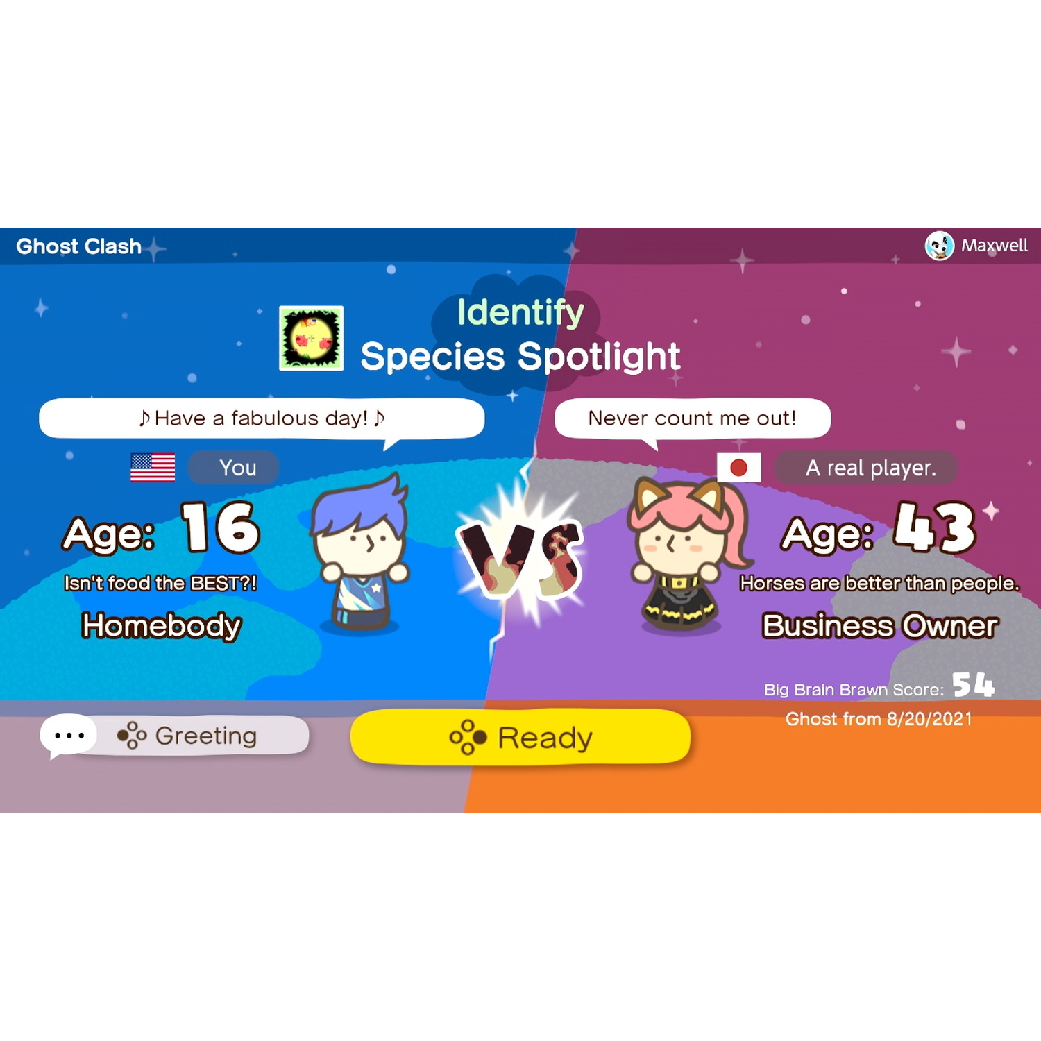 Player vs player screen with two characters: age 16 and age 43.