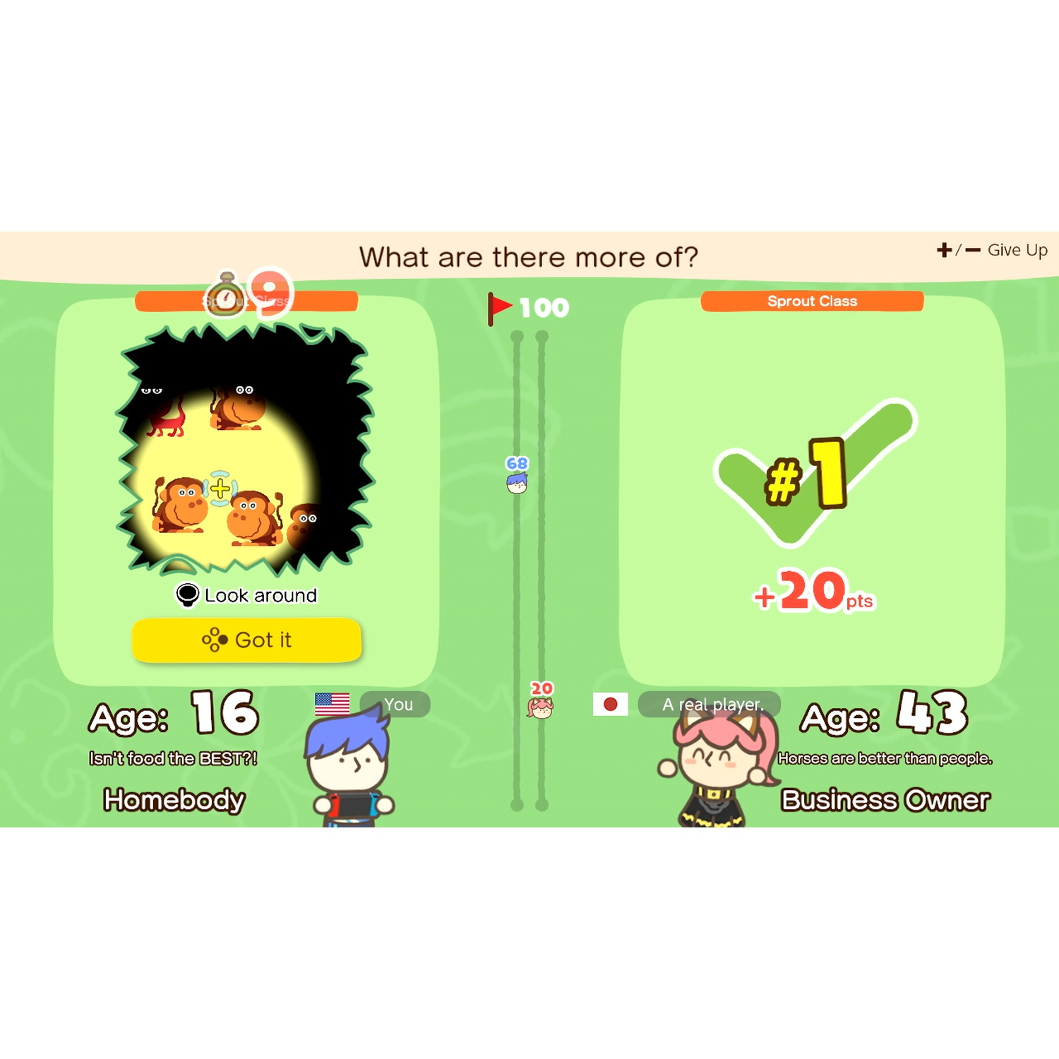 Game with monkeys and horses: 16-yr-old player vs 43-yr-old player.