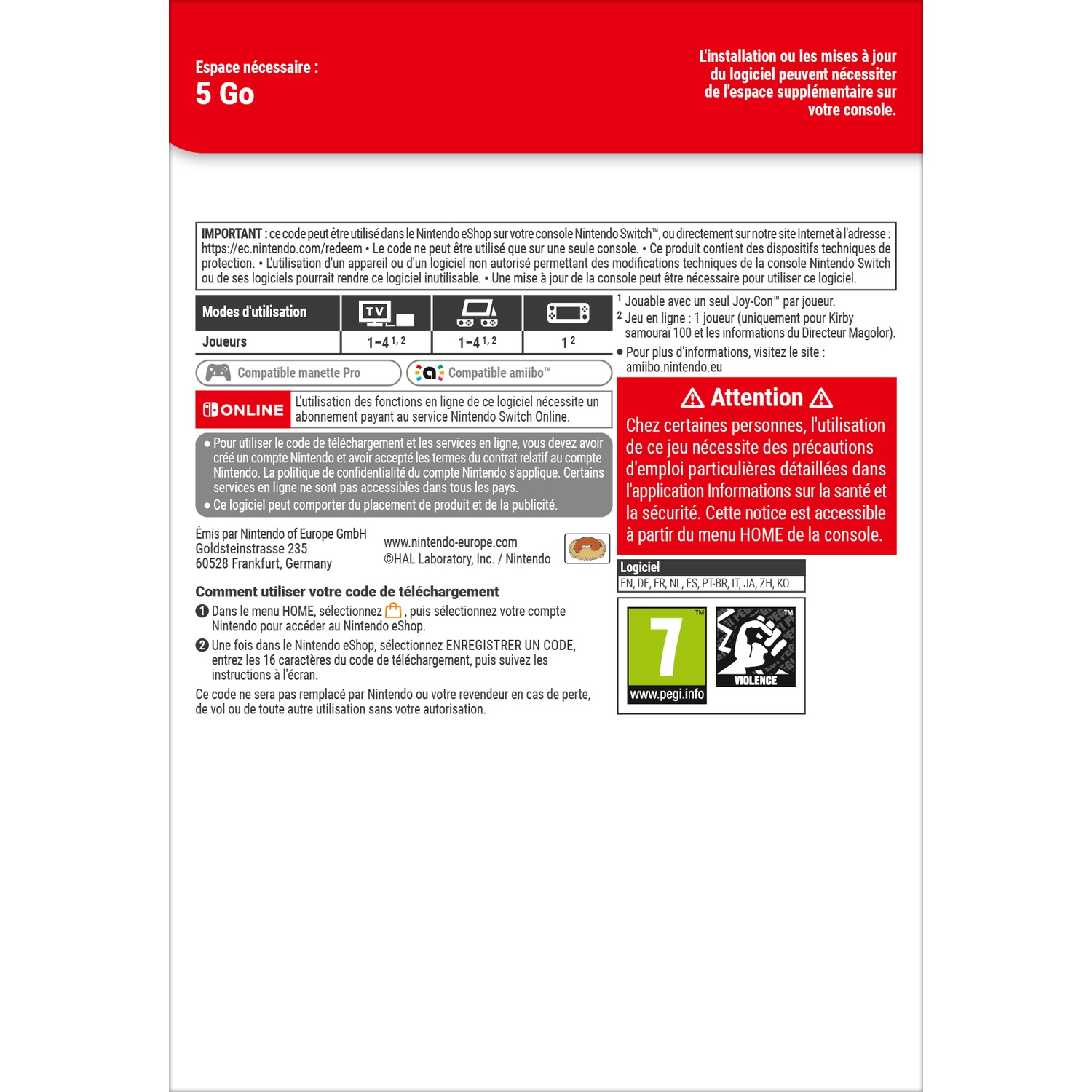 Nintendo Switch download code info with PEGI 7 rating and language codes.