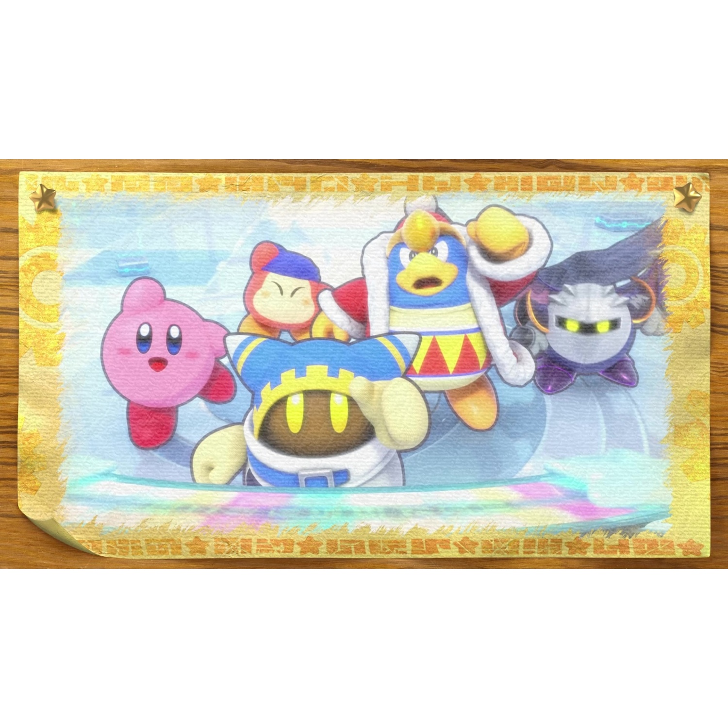 Kirby, Meta Knight, King Dedede, Adeleine and Magolor stand together.