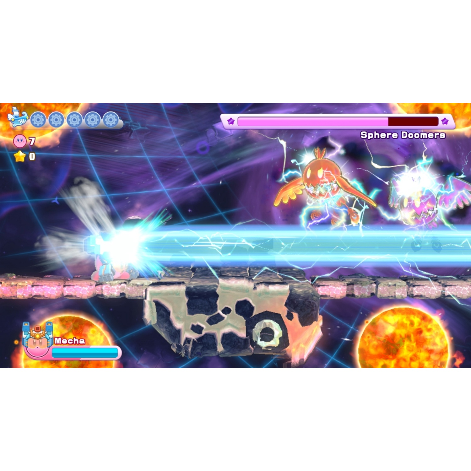 Kirby fires a blue beam at enemies in a space level with planets and stars.