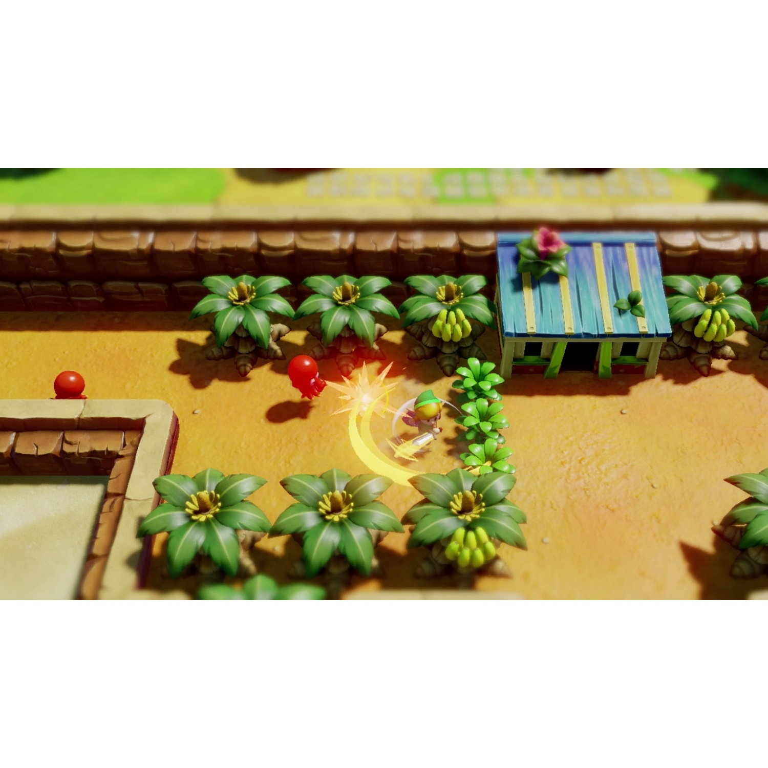 A character in green swings a sword near a small hut.