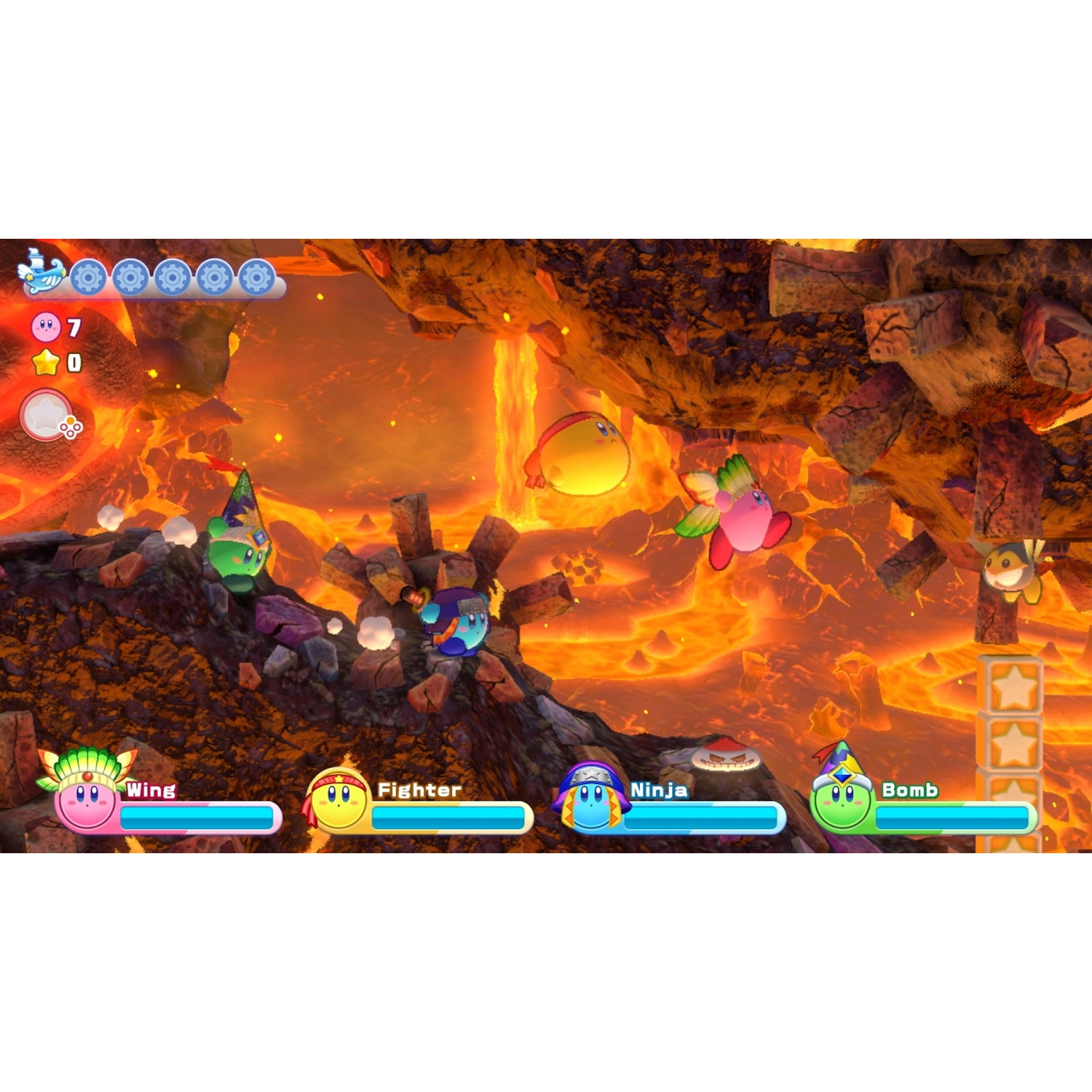 Kirbys battle in a lava world with flowing lava and rocks.
