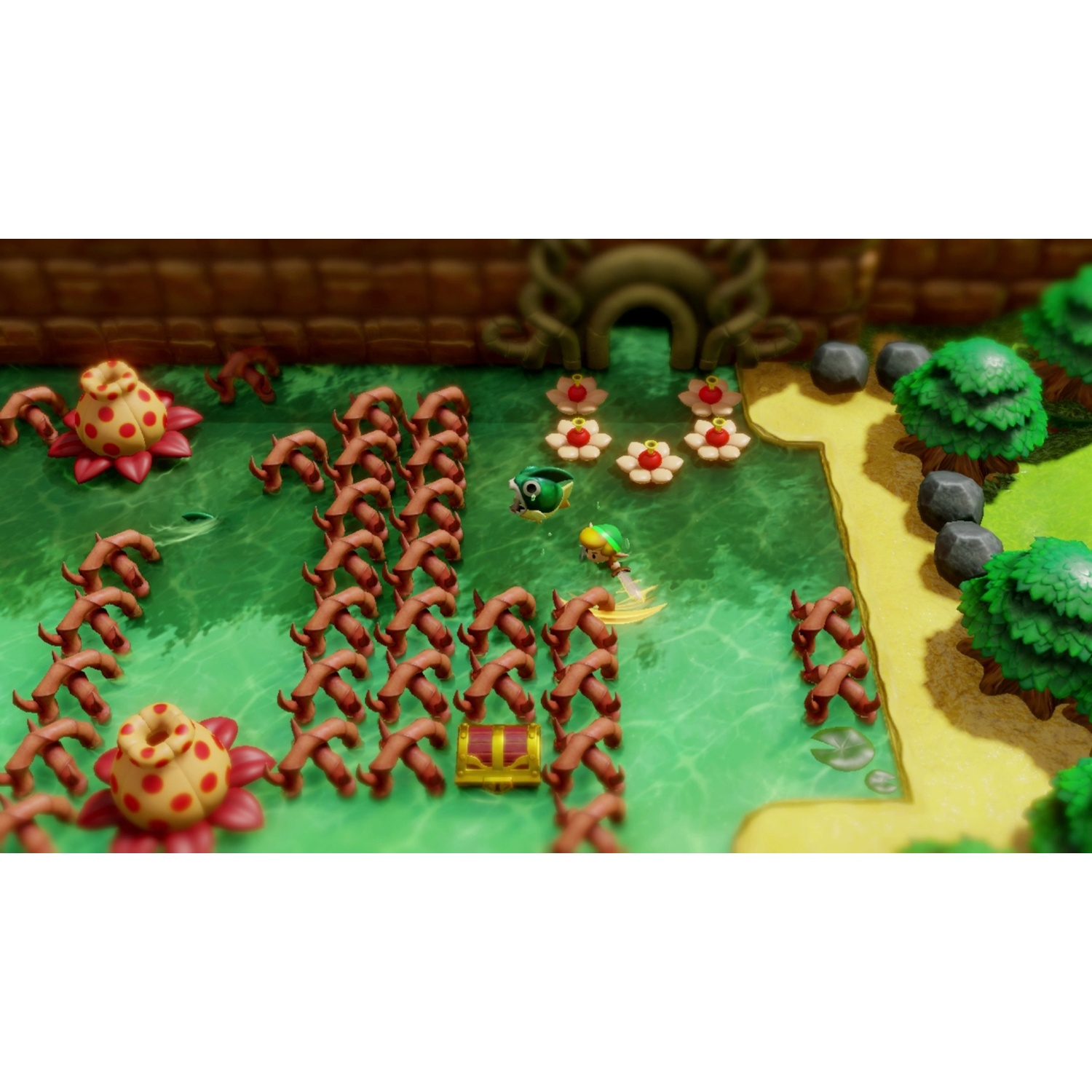 Link surfs past a chest amidst a water puzzle with plants and enemies.