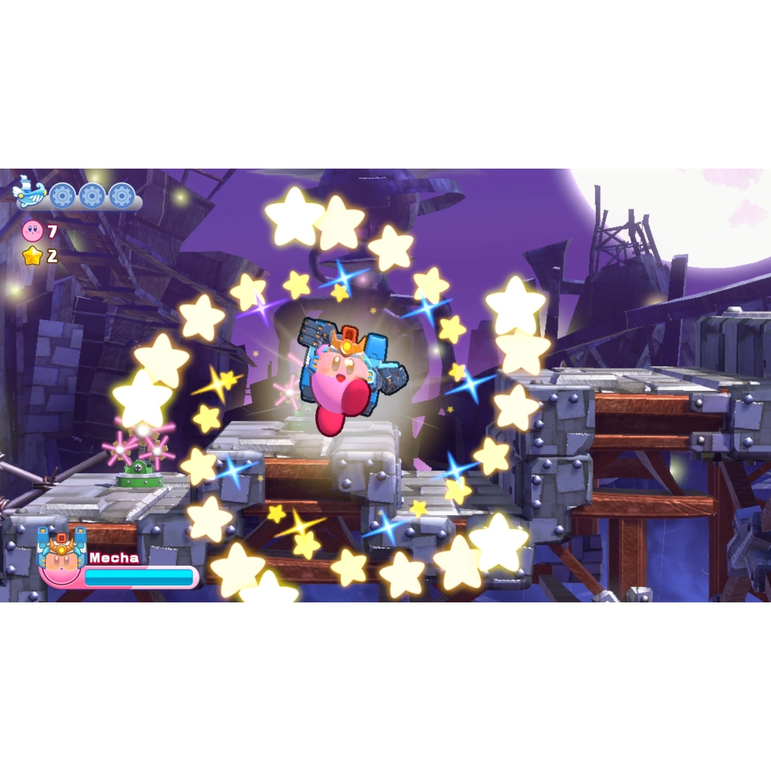 Kirby in a Mecha suit jumps through a ring of stars.