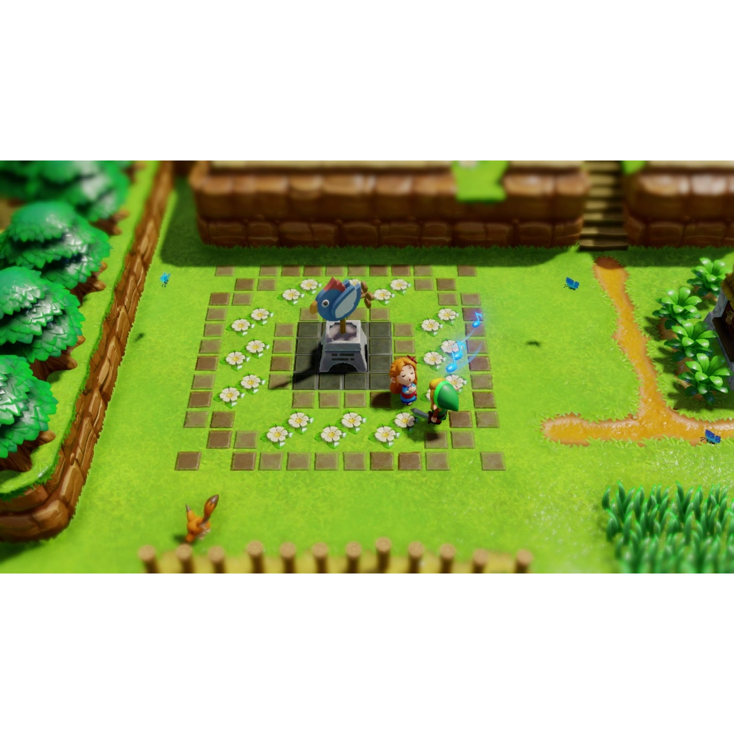 Two characters in a grassy area, with a bird totem and flowers.
