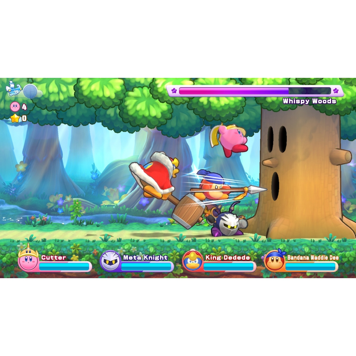 Kirby characters battle a tree in a forest. Characters include Cutter, Meta Knight, King Dedede, and Bandana Waddle Dee.