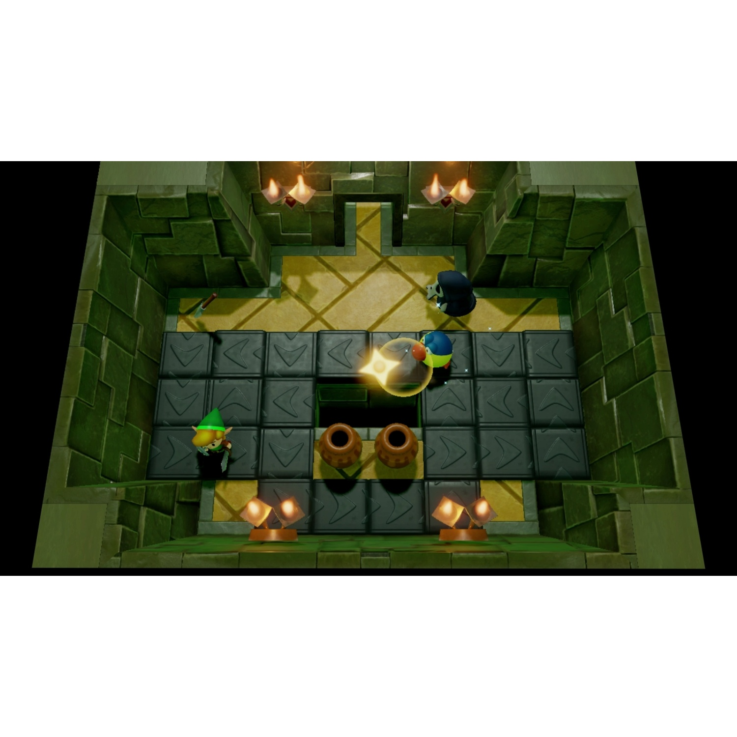 A green character stands before two pots in a dark room with stone walls.