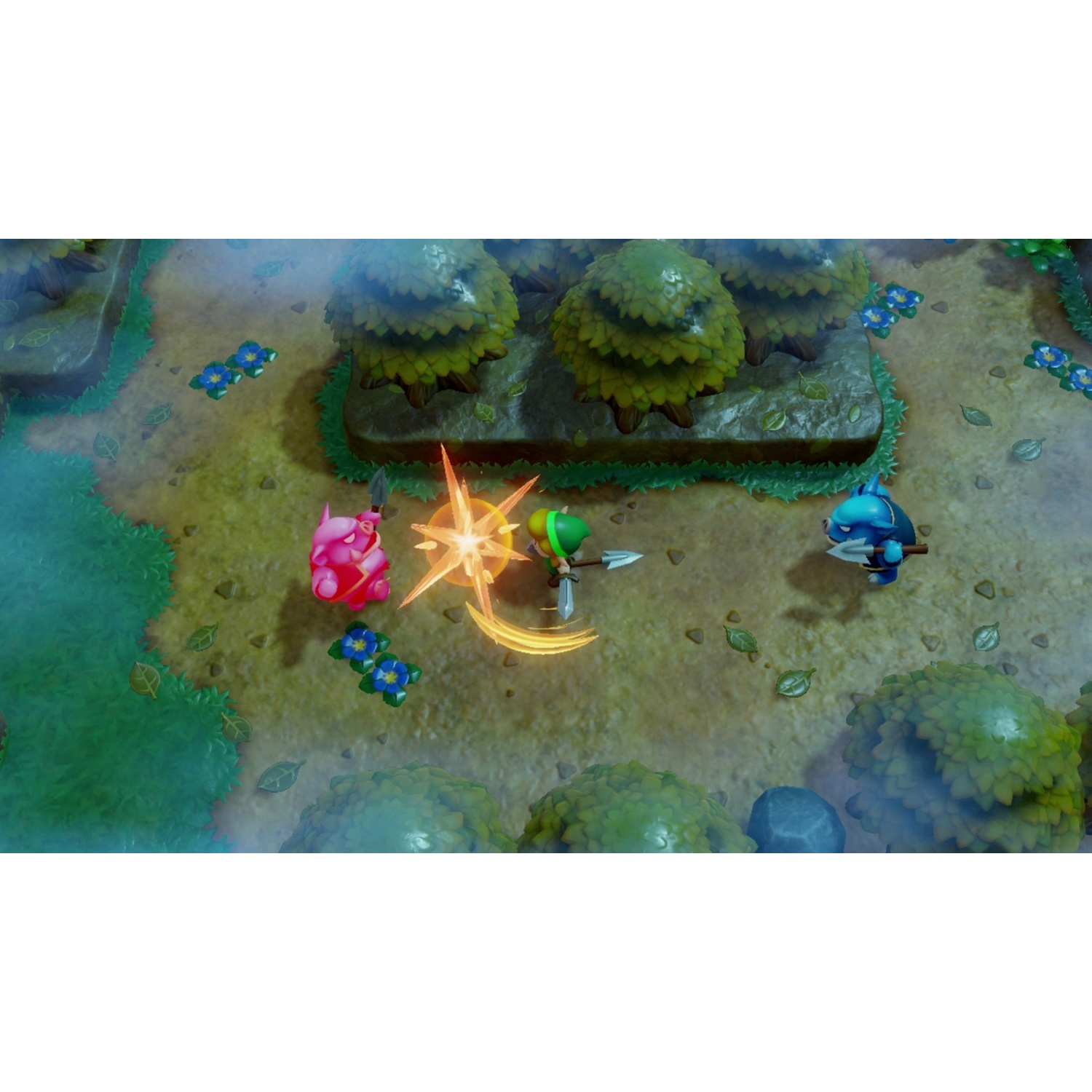 Link battles pink and blue monsters in a forest scene with trees and flowers.