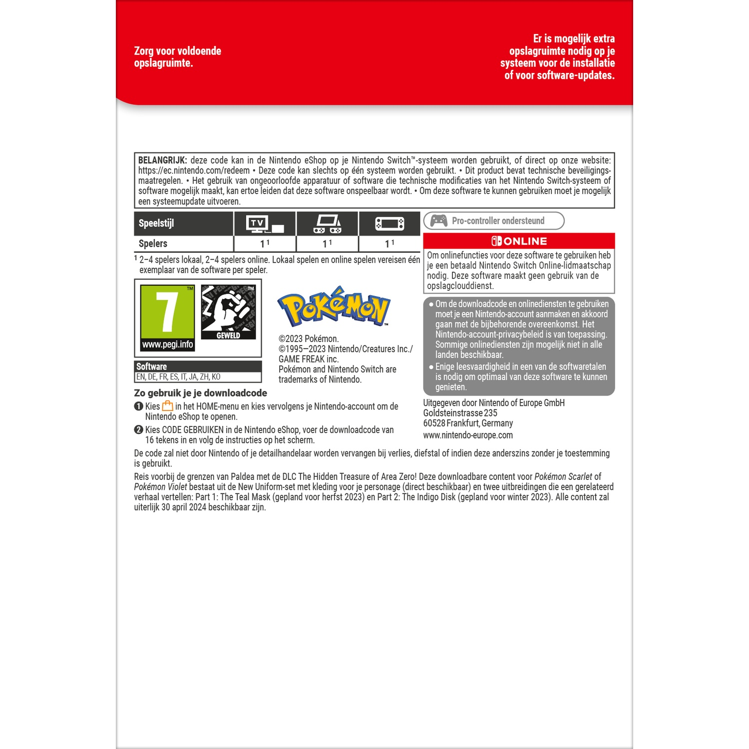 Nintendo Switch game info with PEGI 7 rating, and download code instructions.