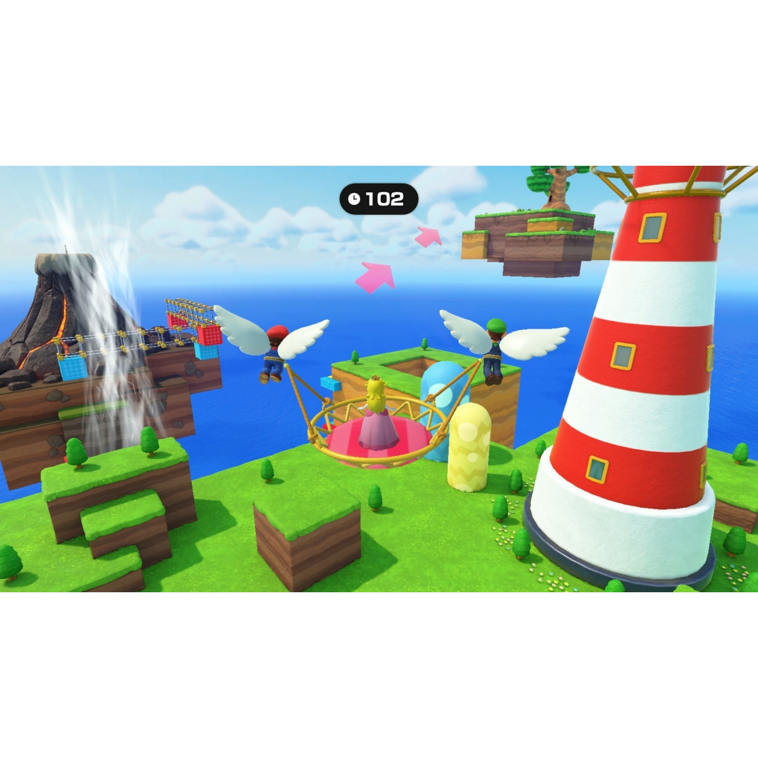Mario et Luigi avec des ailes volent au-dessus de la Princesse Peach dans un panier. Un phare est à droite.