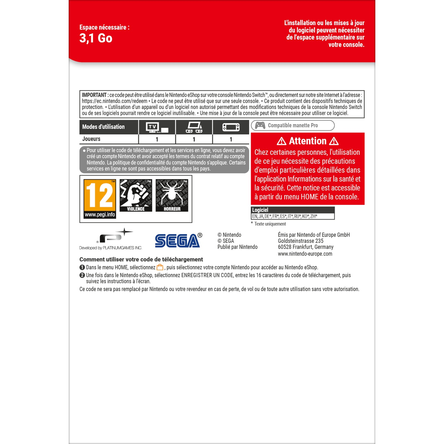 Nintendo Switch game info: 3.1 GB space, 1 player, PEGI 12, warning.
