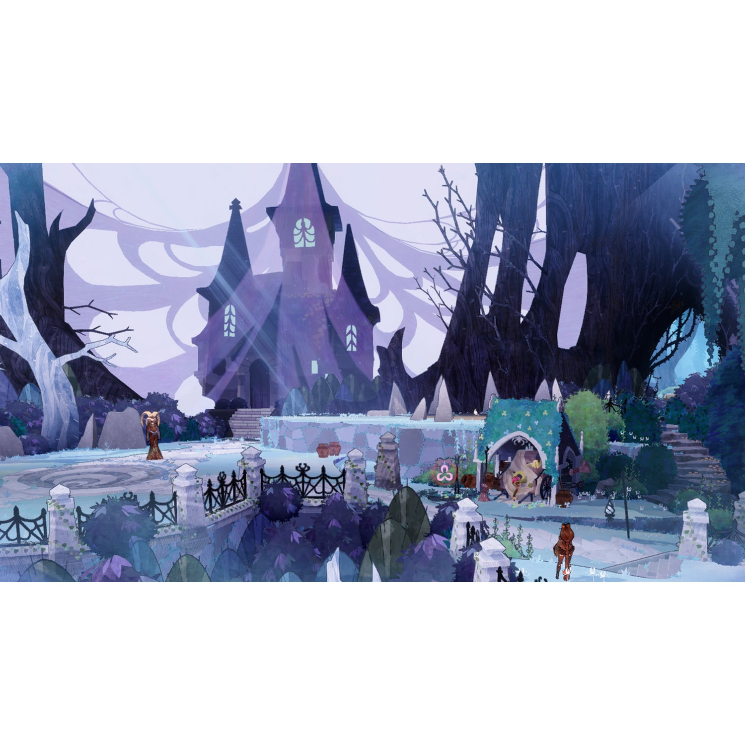 A purple castle with spires in a mystical landscape with trees and a figure.