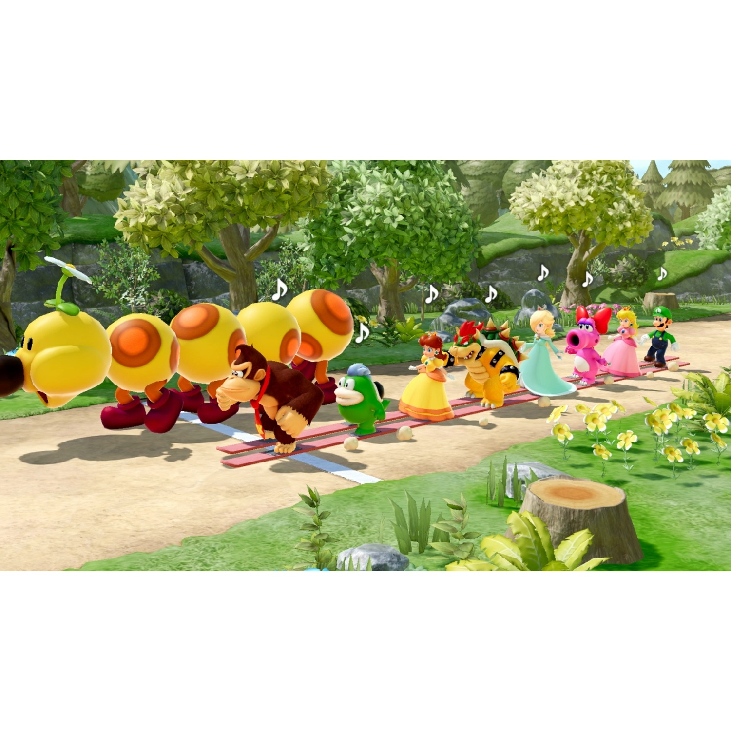 Personnages du jeu Mario alignés sur une piste extérieure en terre.
