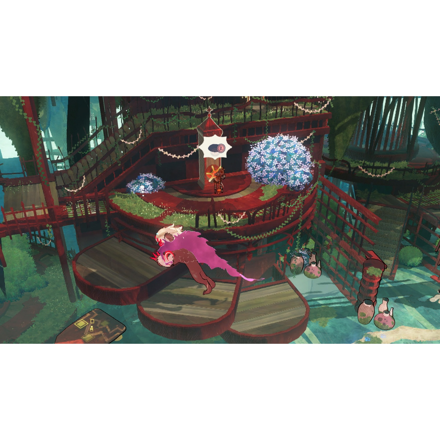 A purple creature on a wooden platform within a red structure with blue bushes.