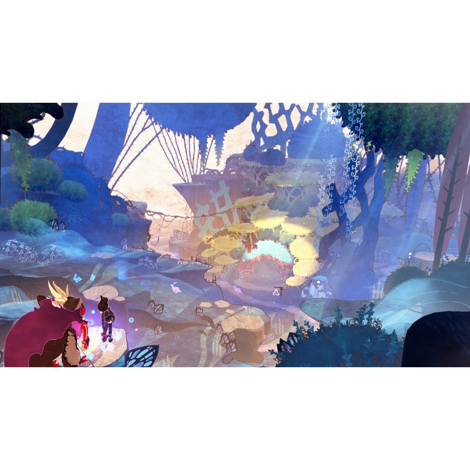 A mystical forest with two figures, one large and brown, the other small and dark-clothed.
