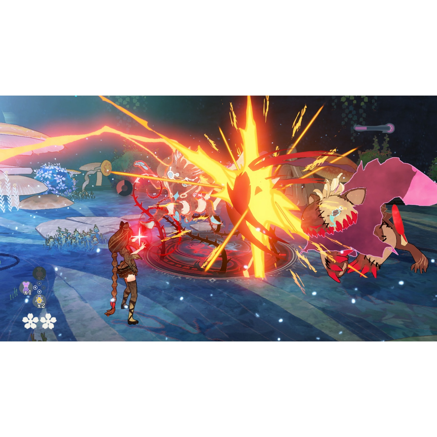A young woman fights a monster surrounded by fire.