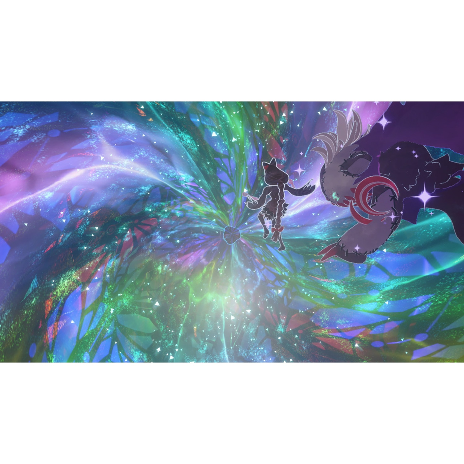 A small cat and a shadow creature in a swirling, colorful cosmos.