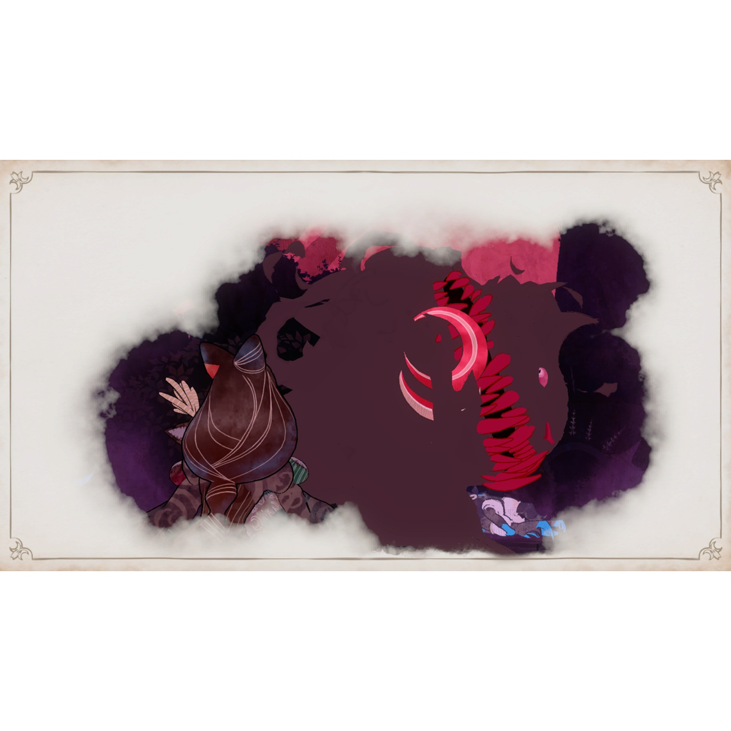Dark, abstract figures with red accents and smoke effects on a light background.