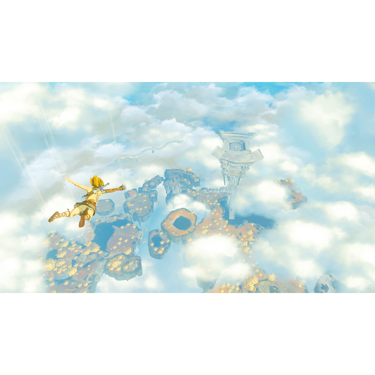 A character flies through clouds above floating islands with a tower.