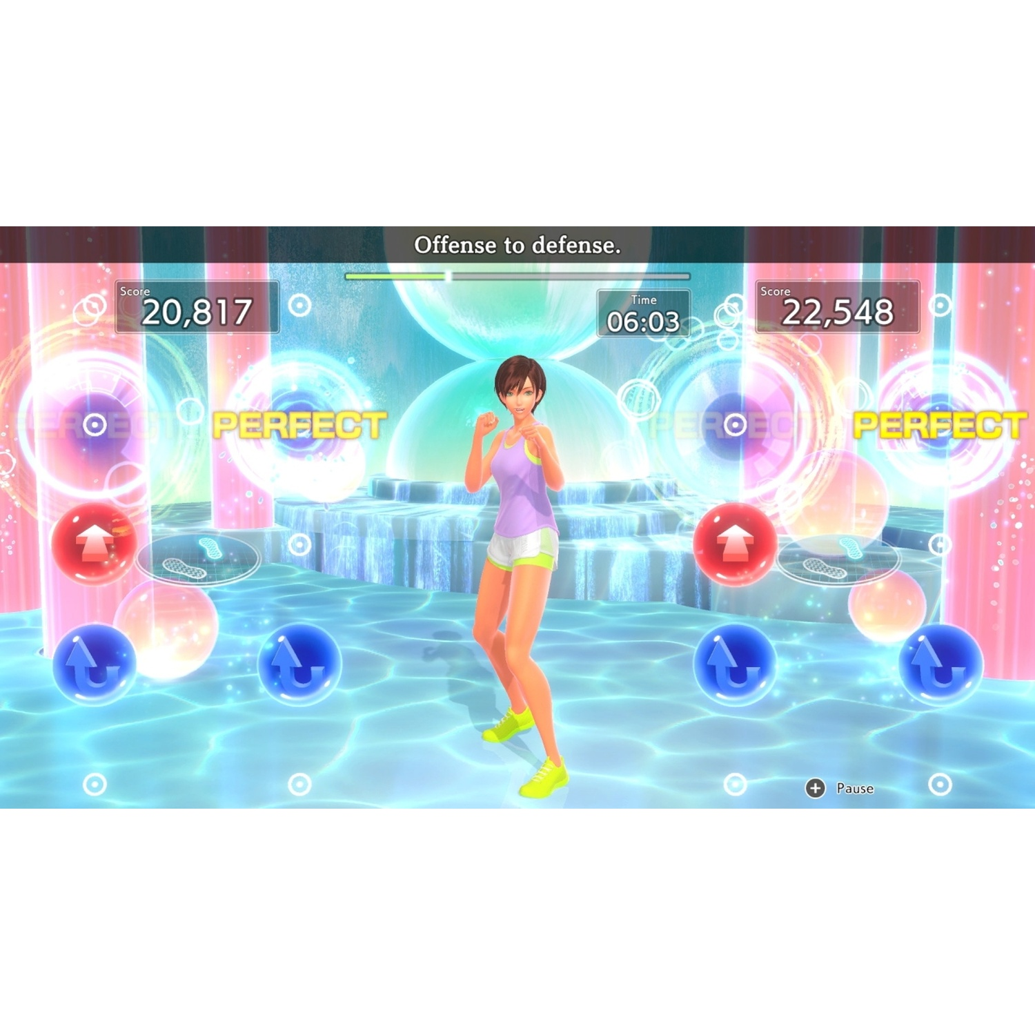 A woman in athletic wear boxes in front of glowing orbs and scores.