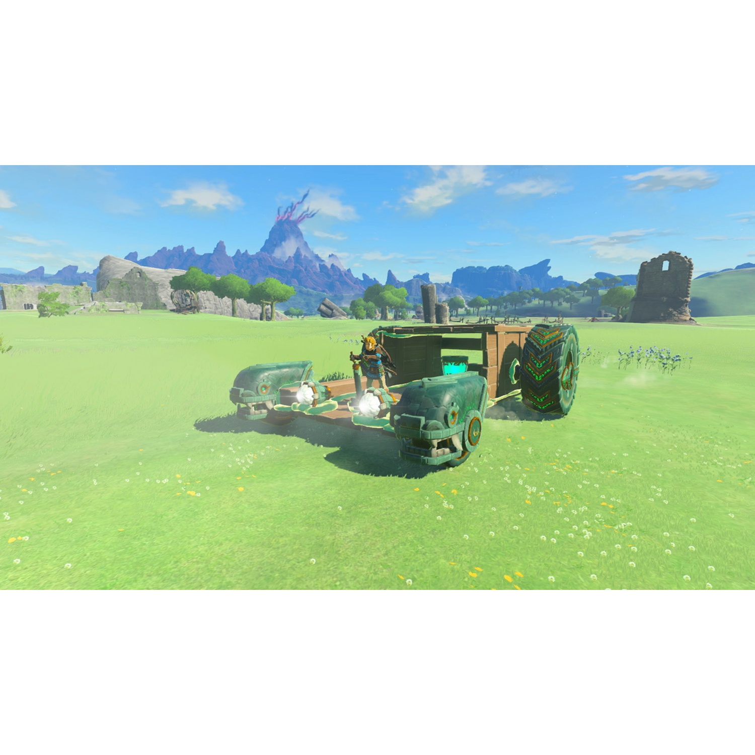 A character stands on a wooden vehicle with large wheels in a green meadow.