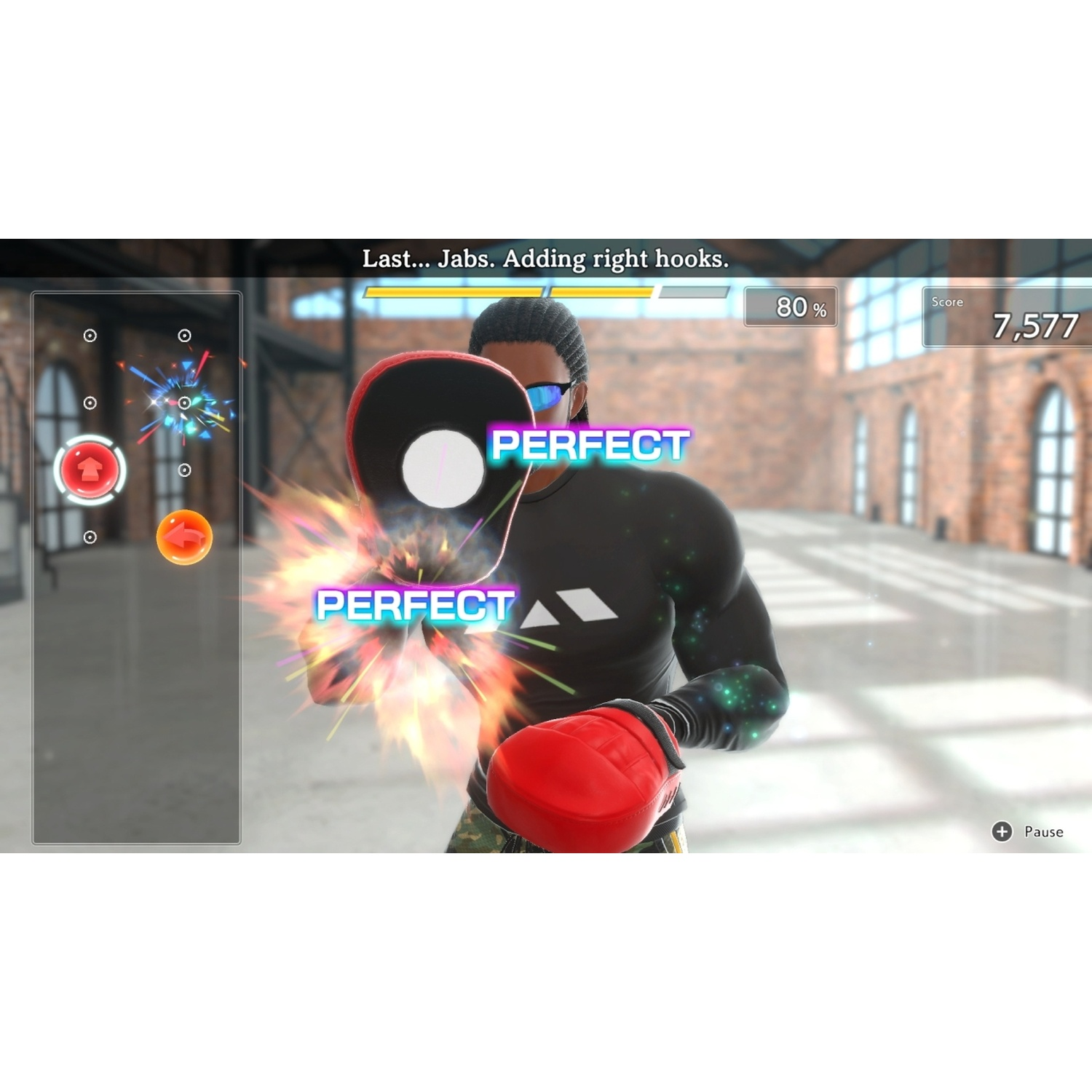 A boxer lands perfect hits. Score: 7,577, 80%.