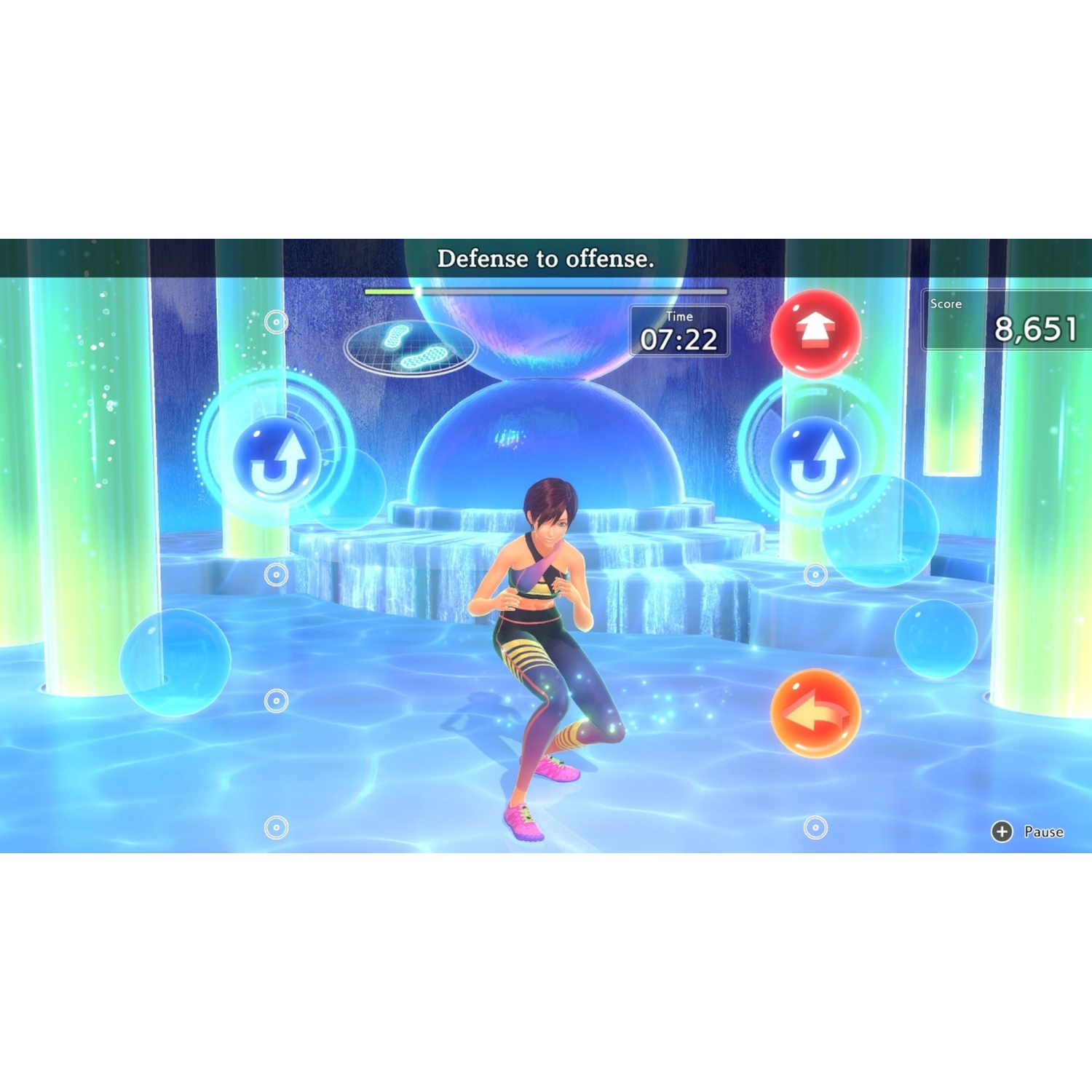 A woman in athletic wear trains in a virtual world with glowing pillars.