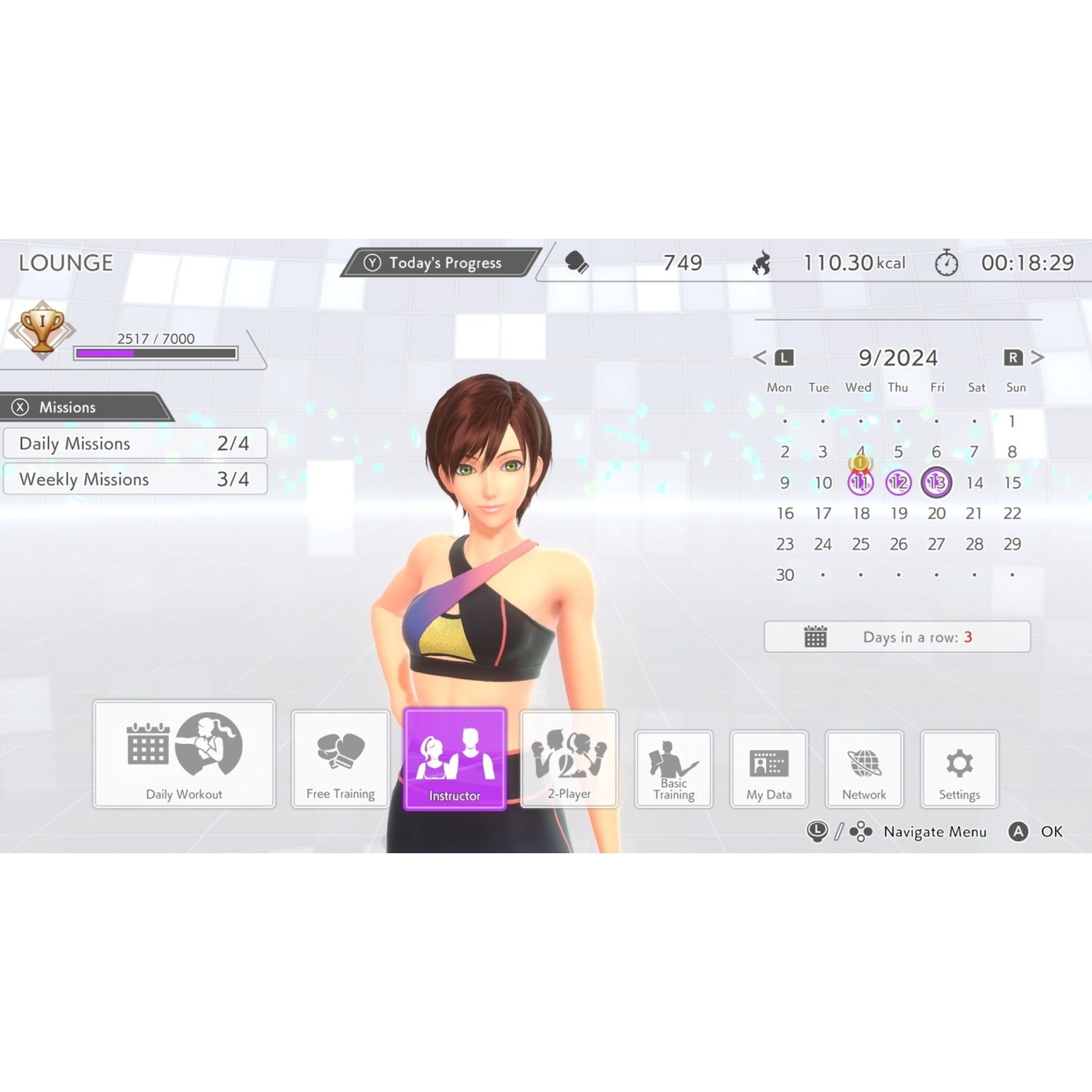 Fitness app menu with avatar, calendar, and workout options.