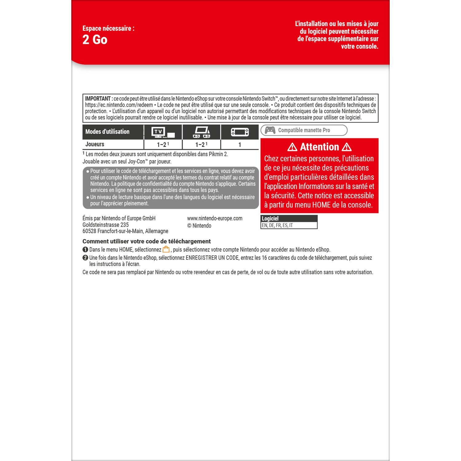 Nintendo Switch software info: space needed, play modes, warnings, and redemption instructions.