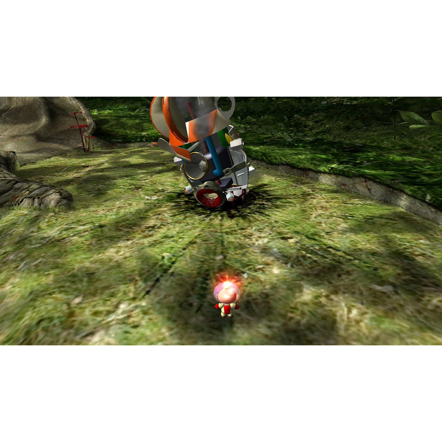 A small pink character in red clothing stands before an overturned robot in a green forest setting.