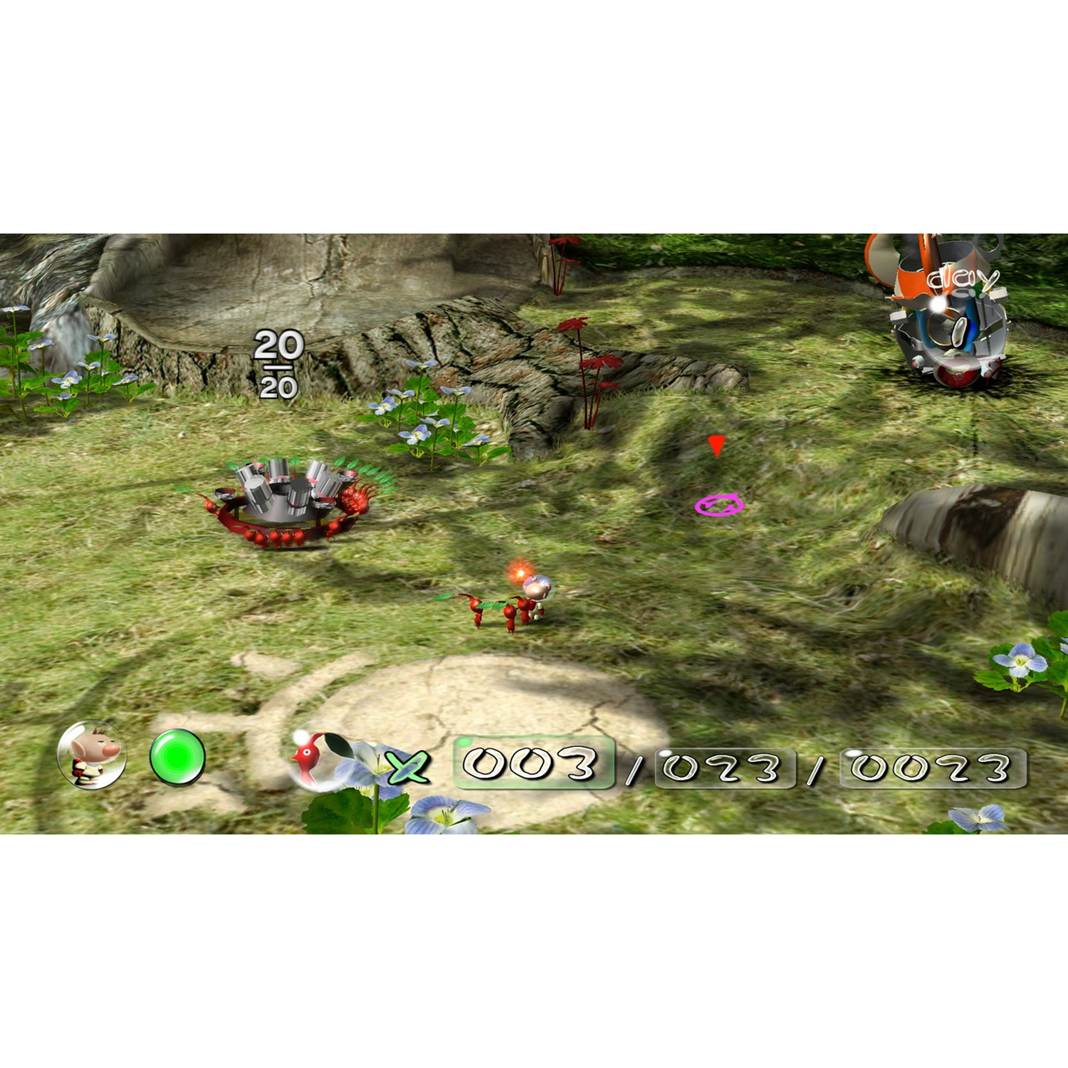 A game scene with small figures and a robot in a green environment.