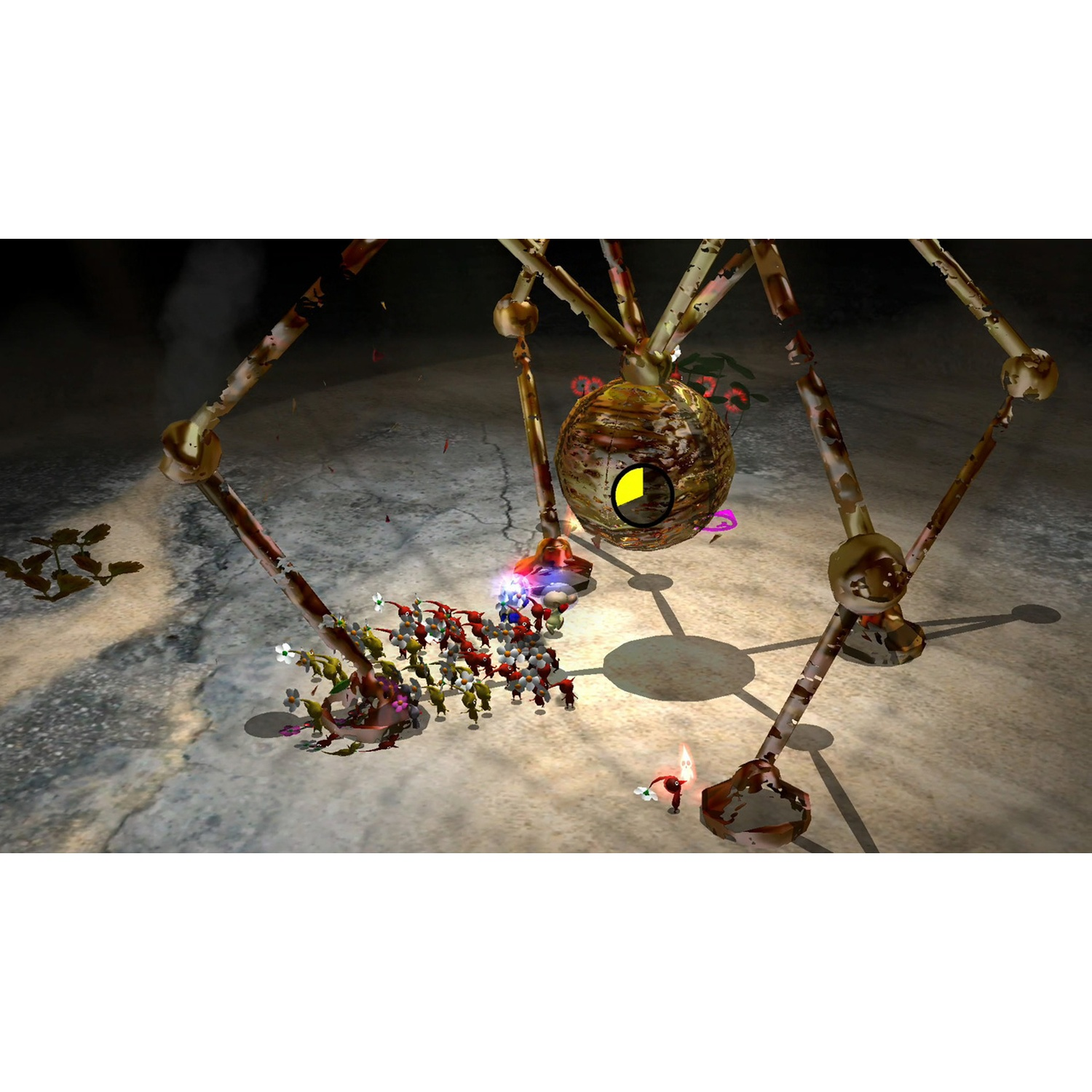 A giant spider with a round body and long legs attacks a group of small creatures.