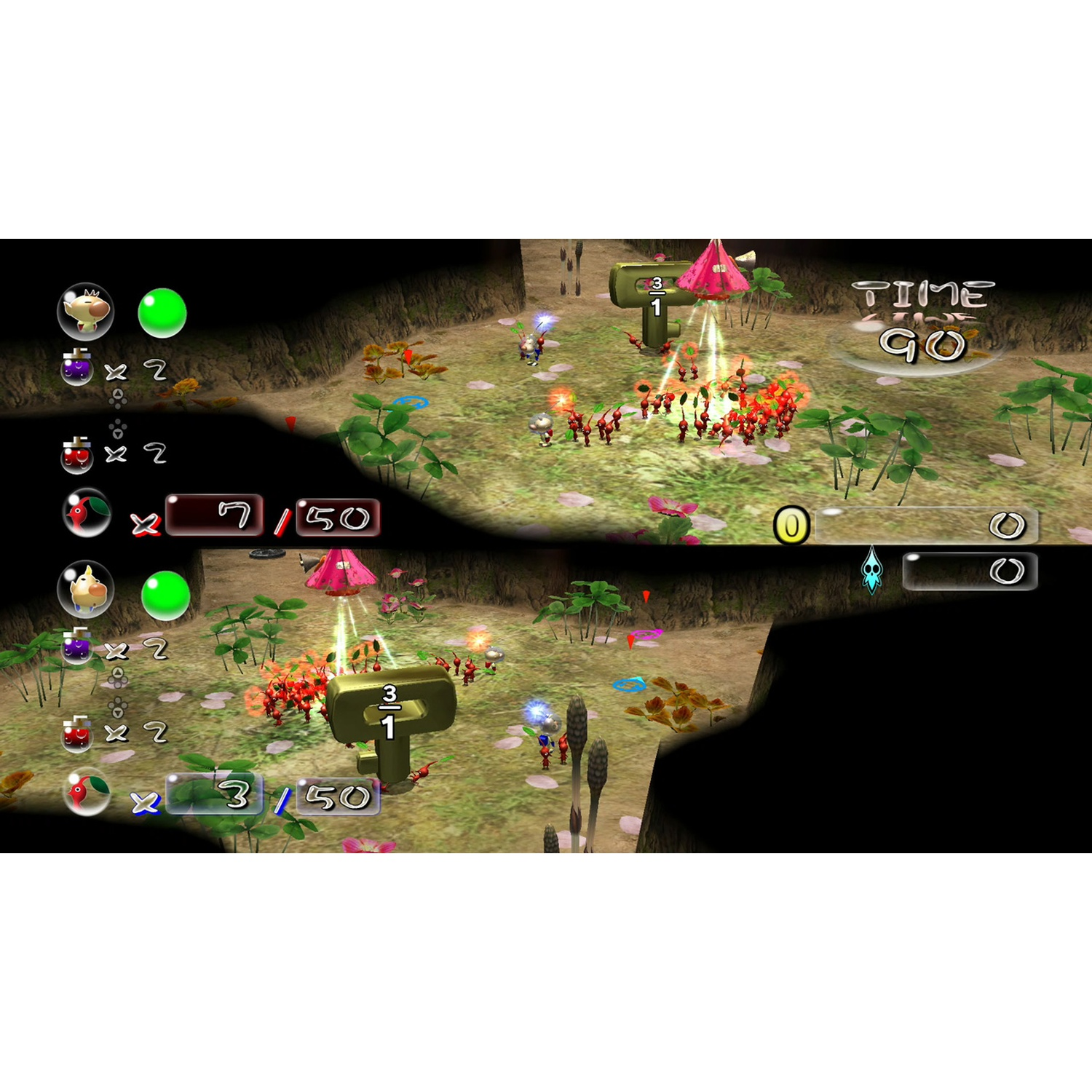Two views of Pikmin characters fighting in an outdoor environment.