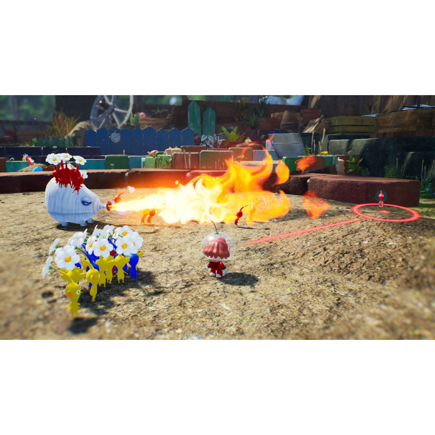 A white creature shoots fire at yellow and blue creatures. A red character watches.