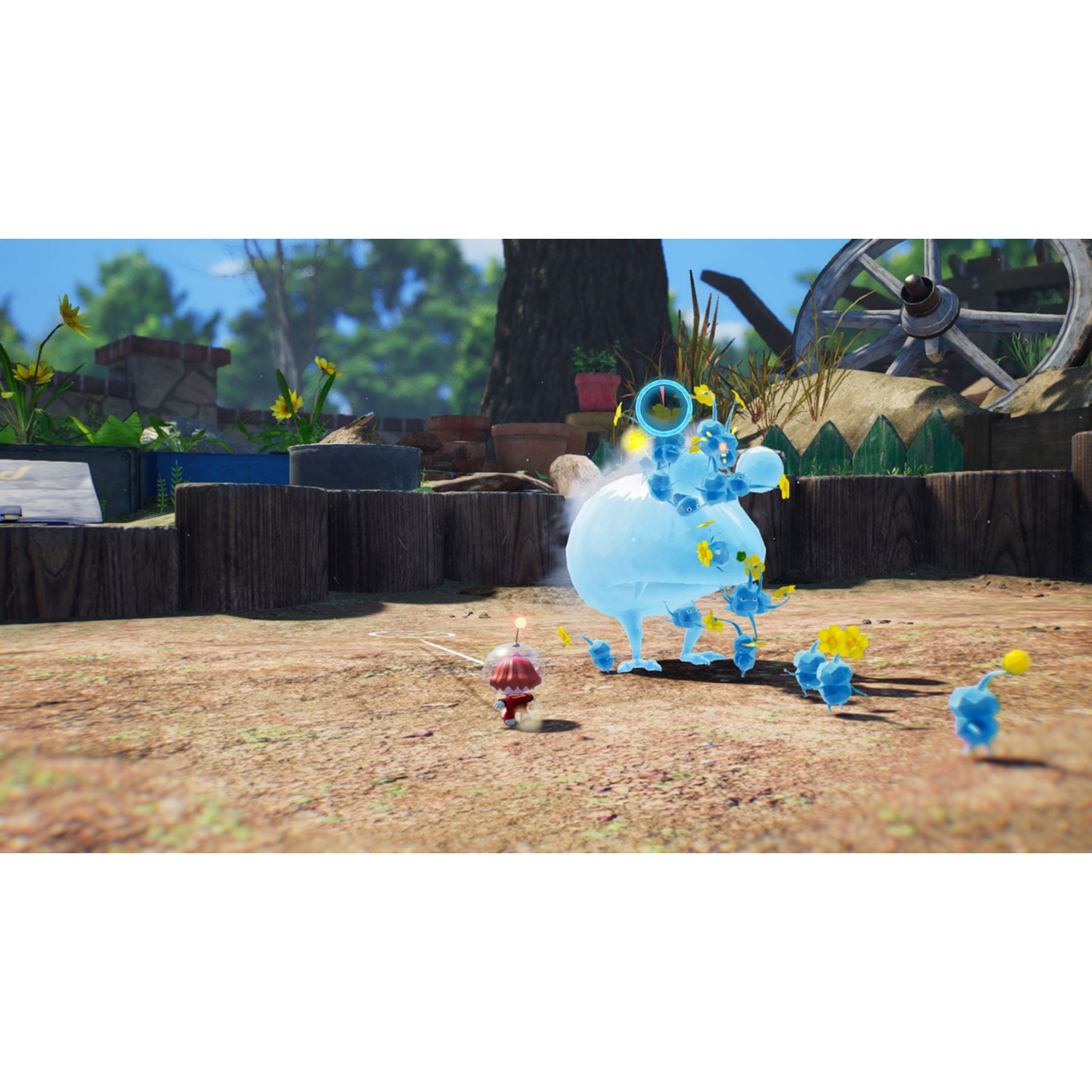 A large blue creature with small blue and yellow creatures in a garden setting.