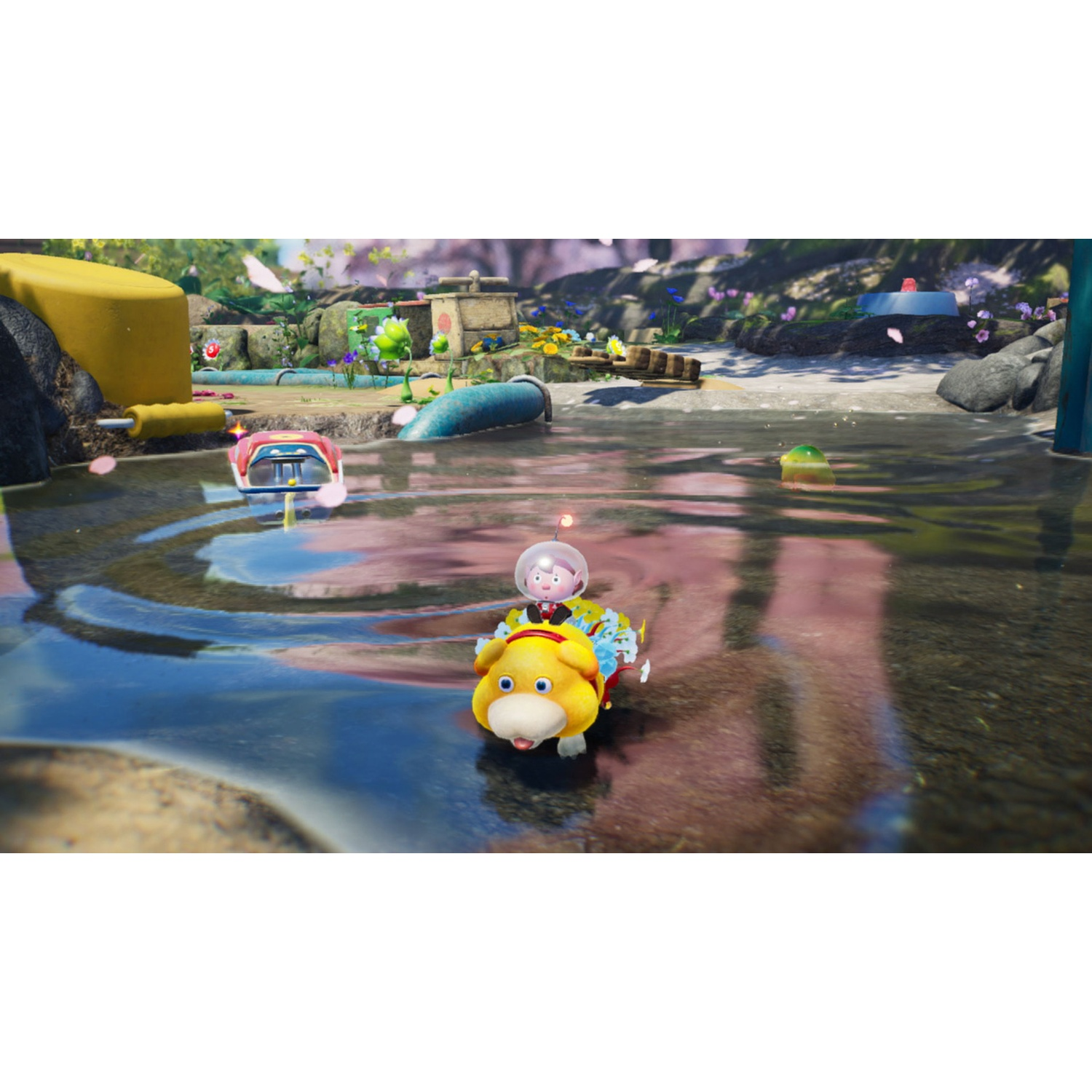 Astronaut rides yellow dog through shallow water in a fantasy world.