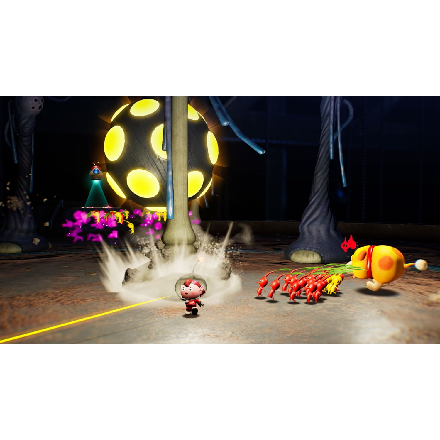 A small hero in red and white faces an exploding orb. Pikmin attack a yellow dog.