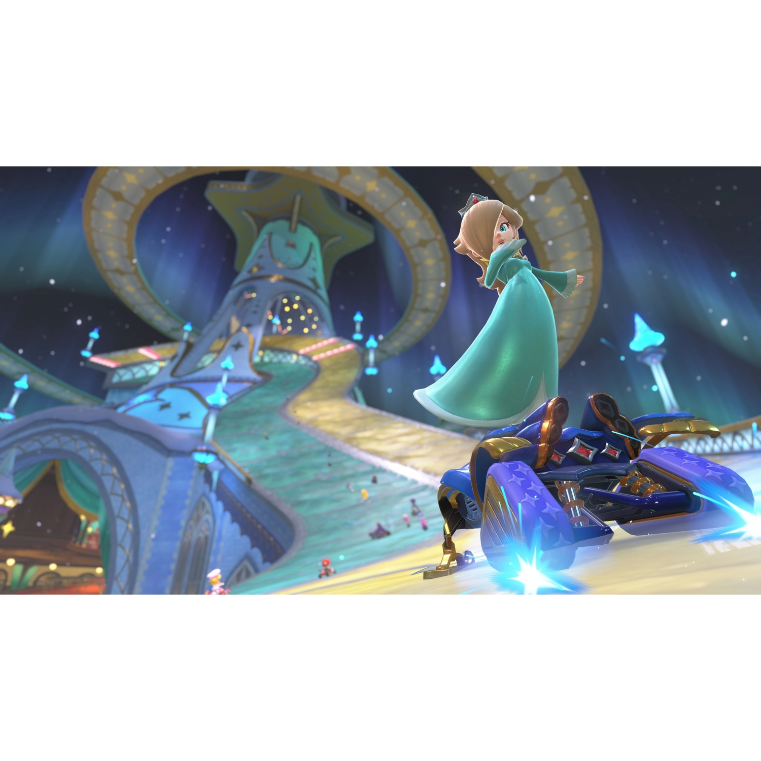 Rosalina in a blue kart with stars races on a cosmic track with a large star structure.