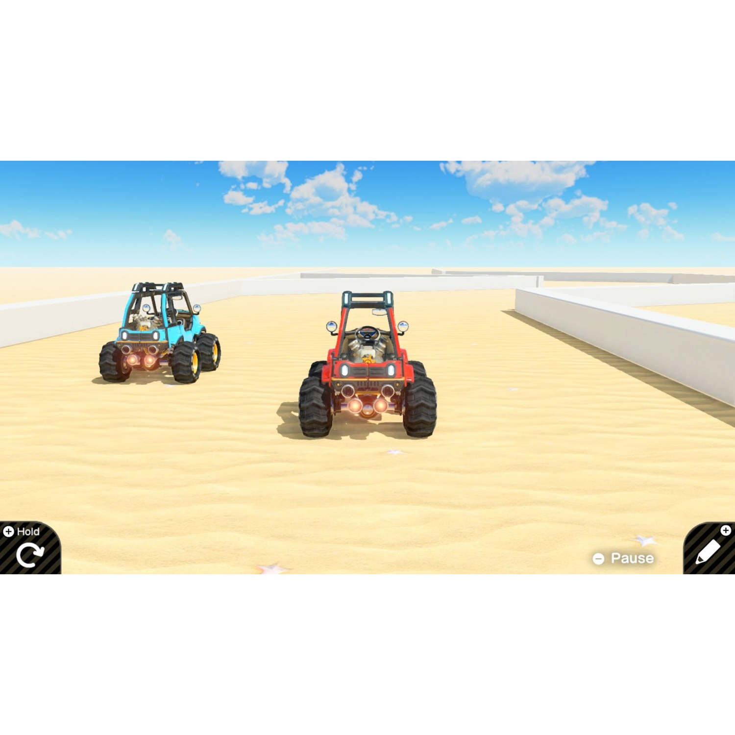 Two buggies race on sand under a blue sky with clouds.