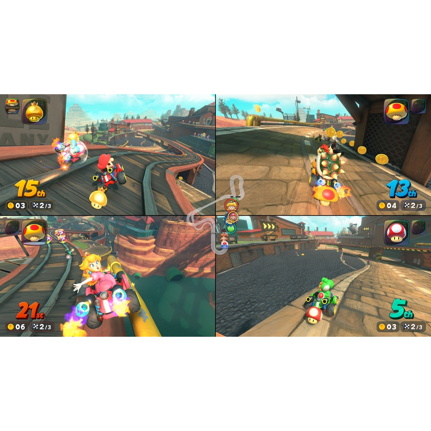 Mario Kart 8 Deluxe: Four players in split-screen on a track.