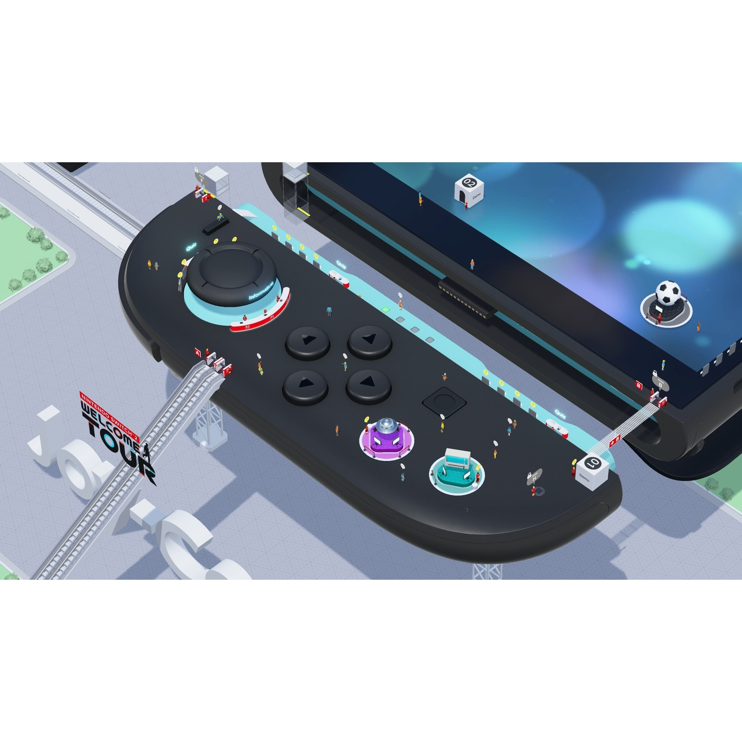 A giant black game controller with tiny people and a monorail. A soccer ball is on the screen.