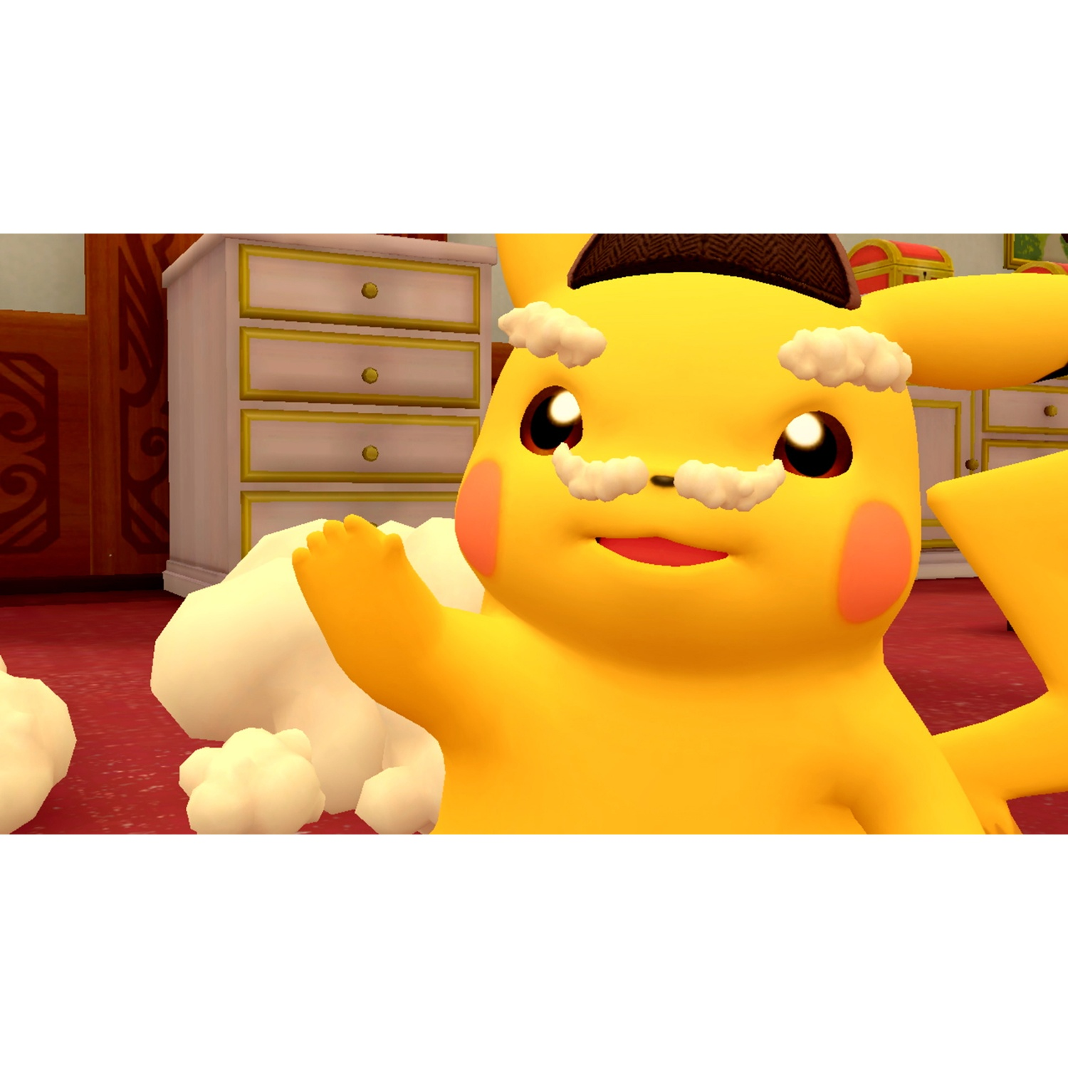 Pikachu with clouds on its nose and eyebrows, wearing a flat cap.