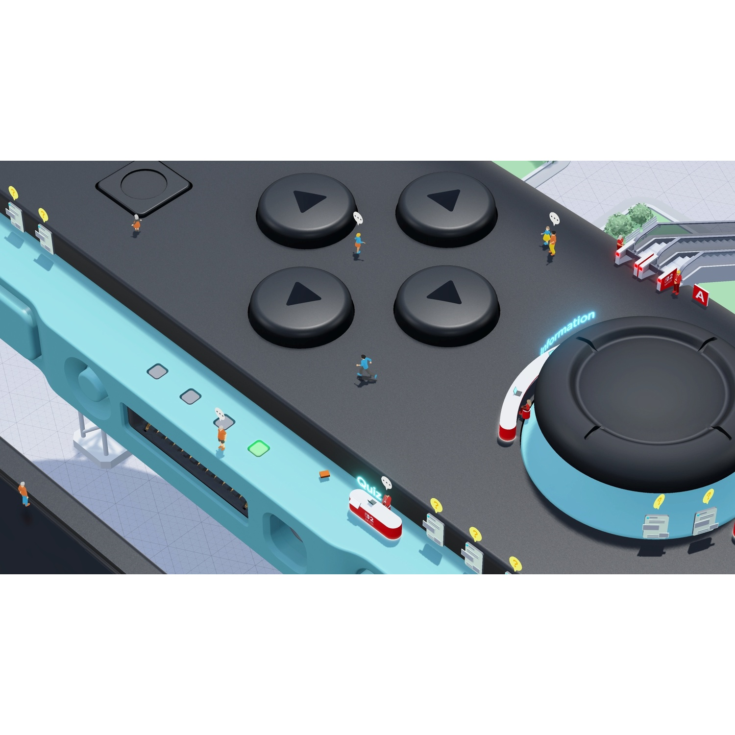 Mini-figures on a giant controller with buttons and an information kiosk.