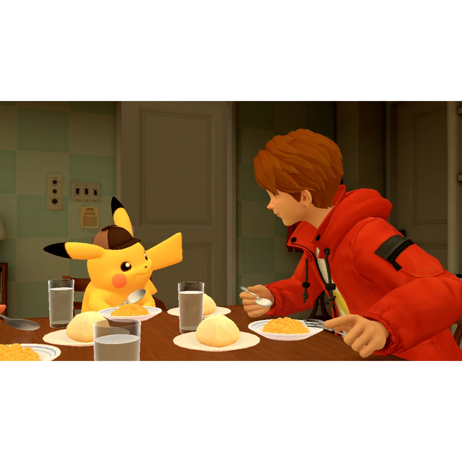 Pikachu with a hat and a boy eating at a table.