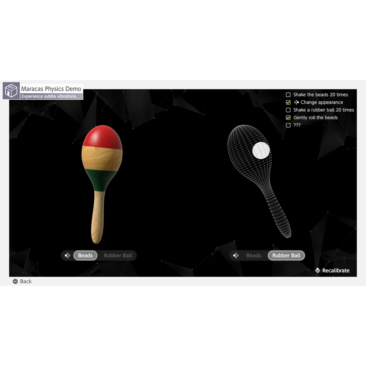 A maracas physics demo showing a colorful maraca and a wireframe model.