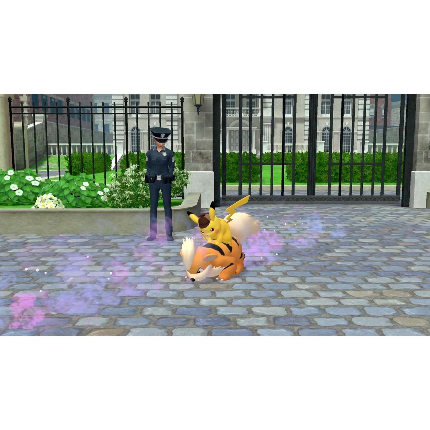 A police officer stands beside Pikachu and Growlithe on a cobblestone path.