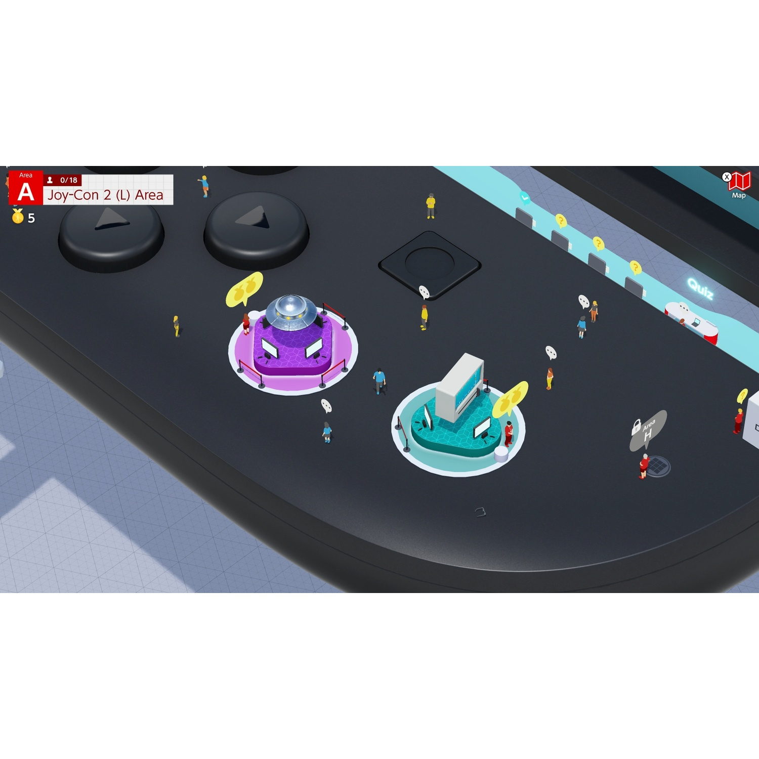 Small figures on a giant black controller simulating a game environment.